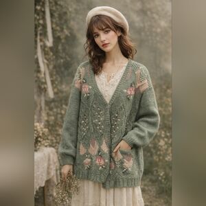 Vintage Colleen’s Collectables Sage Floral Hand Knit Cardigan S Cottagecore Boho